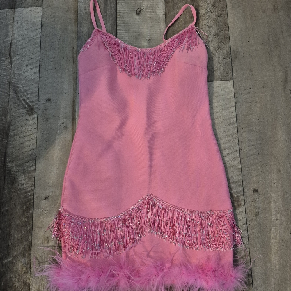 Fashion Nova Slip Dress Bodycon Glam Night Feathers Fringe Beads Pink M/L - Picture 9 of 9